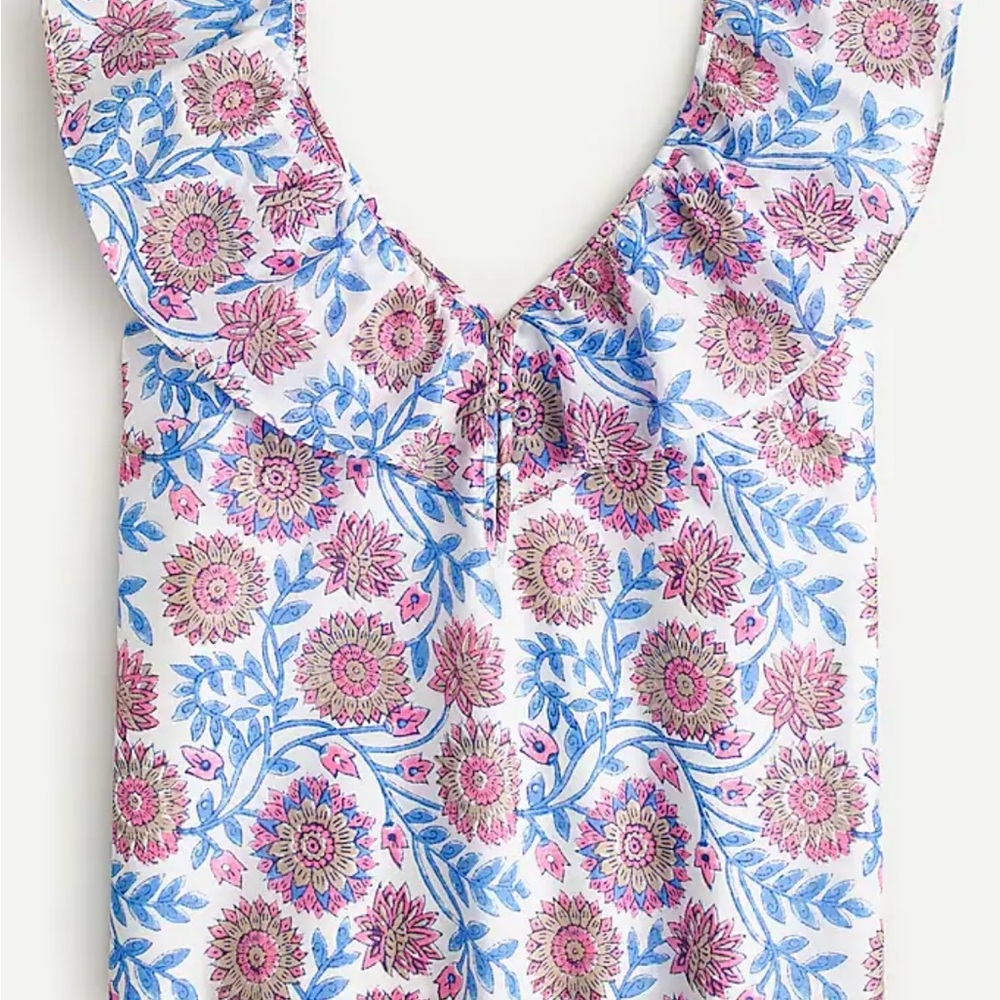 J. Crew White, Blue and Pink Ruffled Sleeveless Blouse